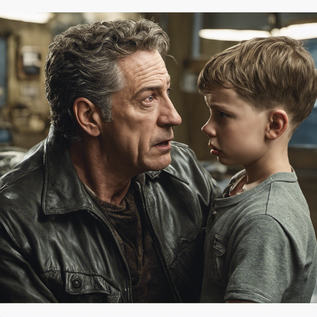 An image capturing the heart-wrenching moment from Shameless when Frank, with a determined yet deceitful look, shaves his son's head, their eyes locked in fear and desperation, as he falsely claims to have cancer
