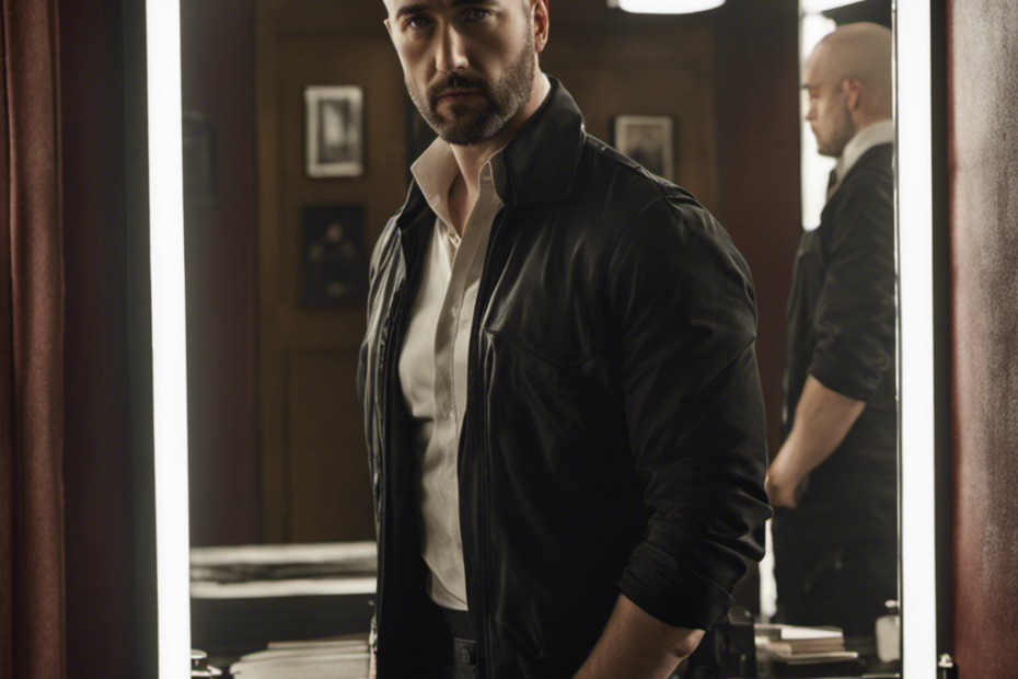 An image that depicts Tom Keen from The Blacklist, standing in front of a mirror, his head freshly shaved, revealing a skinhead appearance