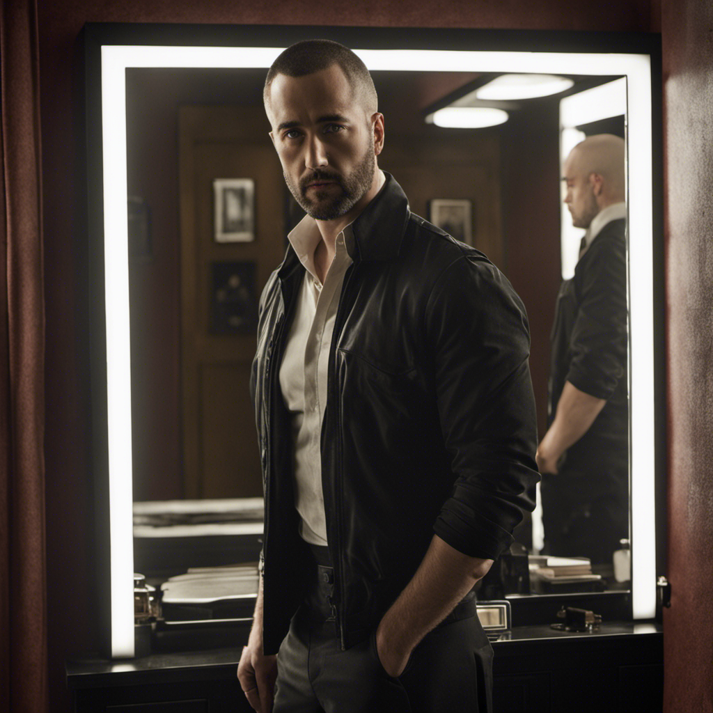 An image that depicts Tom Keen from The Blacklist, standing in front of a mirror, his head freshly shaved, revealing a skinhead appearance