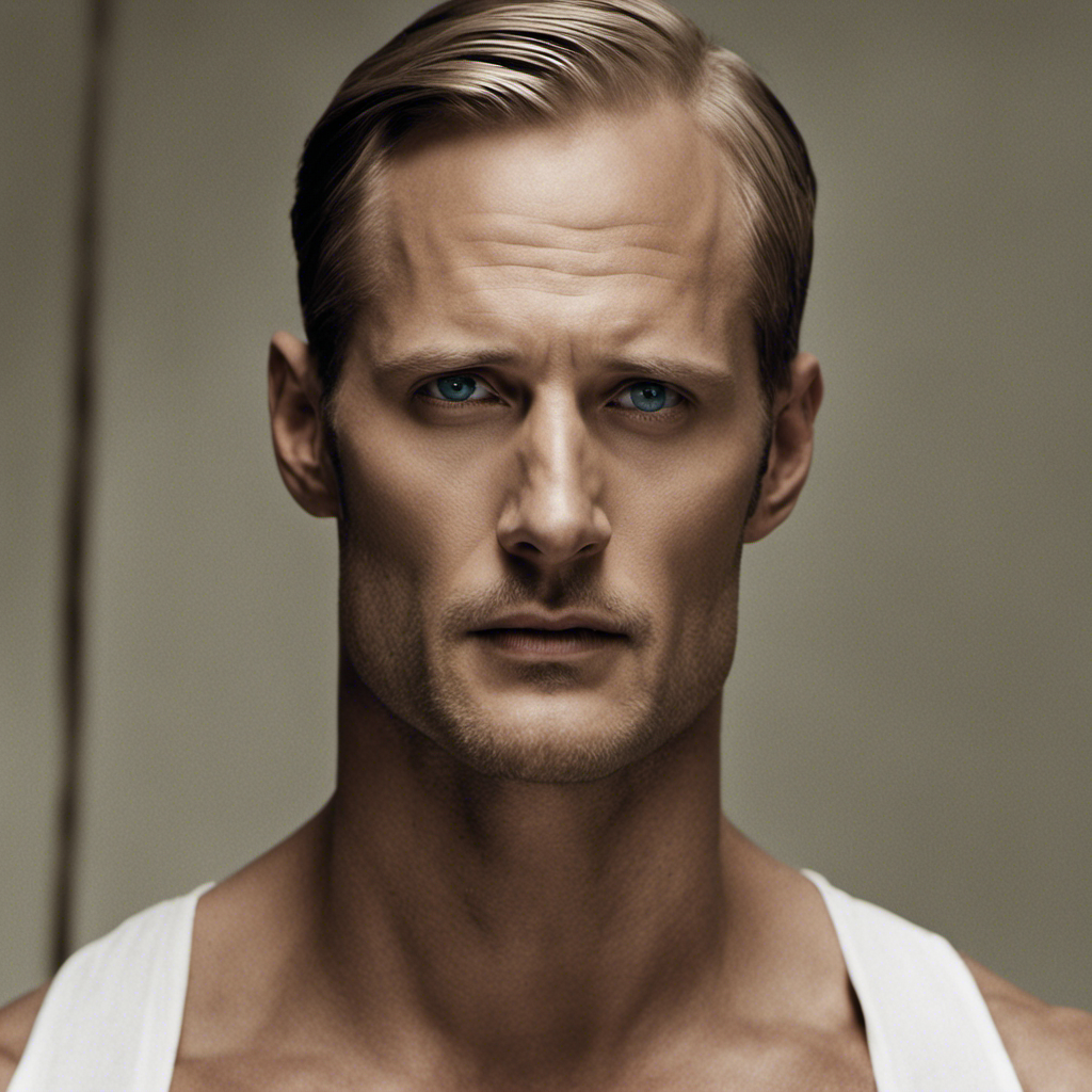 An image that captures the intense metamorphosis of Alexander Skarsgard as he boldly shaves his head for a film role, showcasing his chiseled features, brooding eyes, and the raw vulnerability emanating from his newly bare scalp