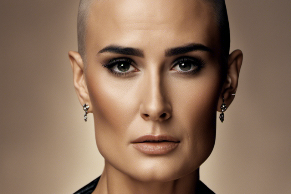 An image showcasing Demi Moore's iconic transformation as she boldly shaves her head in the film, capturing the raw emotion and intensity of the scene through her expressive eyes and the strands of hair falling around her