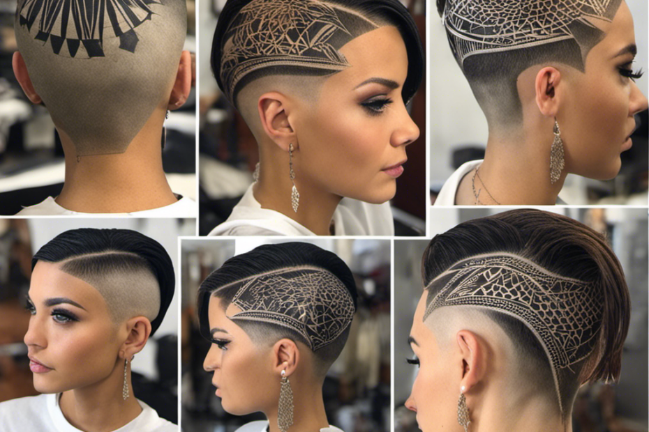 An image showcasing a bold transformation: a girl with a shaved undercut on one side of her head, revealing intricate geometric patterns etched into her buzzed hair, while the other side remains long and flowing