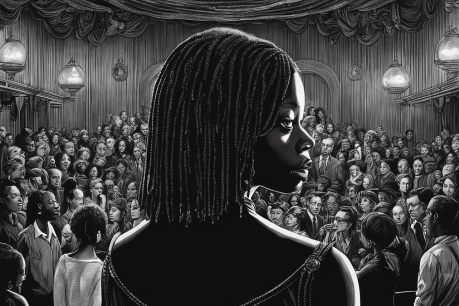 Create an image capturing a moment of intrigue and mystery: A dimly lit studio stage with a mesmerizing girl named Raven, her head partially shaved, surrounded by curious onlookers, as the enigmatic Whoopi Goldberg watches intently