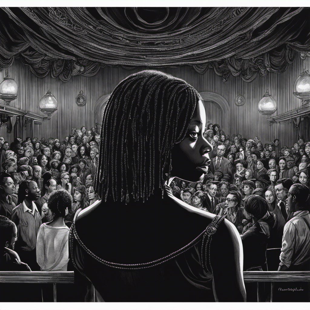 Create an image capturing a moment of intrigue and mystery: A dimly lit studio stage with a mesmerizing girl named Raven, her head partially shaved, surrounded by curious onlookers, as the enigmatic Whoopi Goldberg watches intently