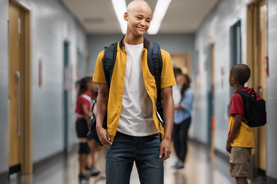 An image showcasing a student with a freshly shaved head walking through their school hallway