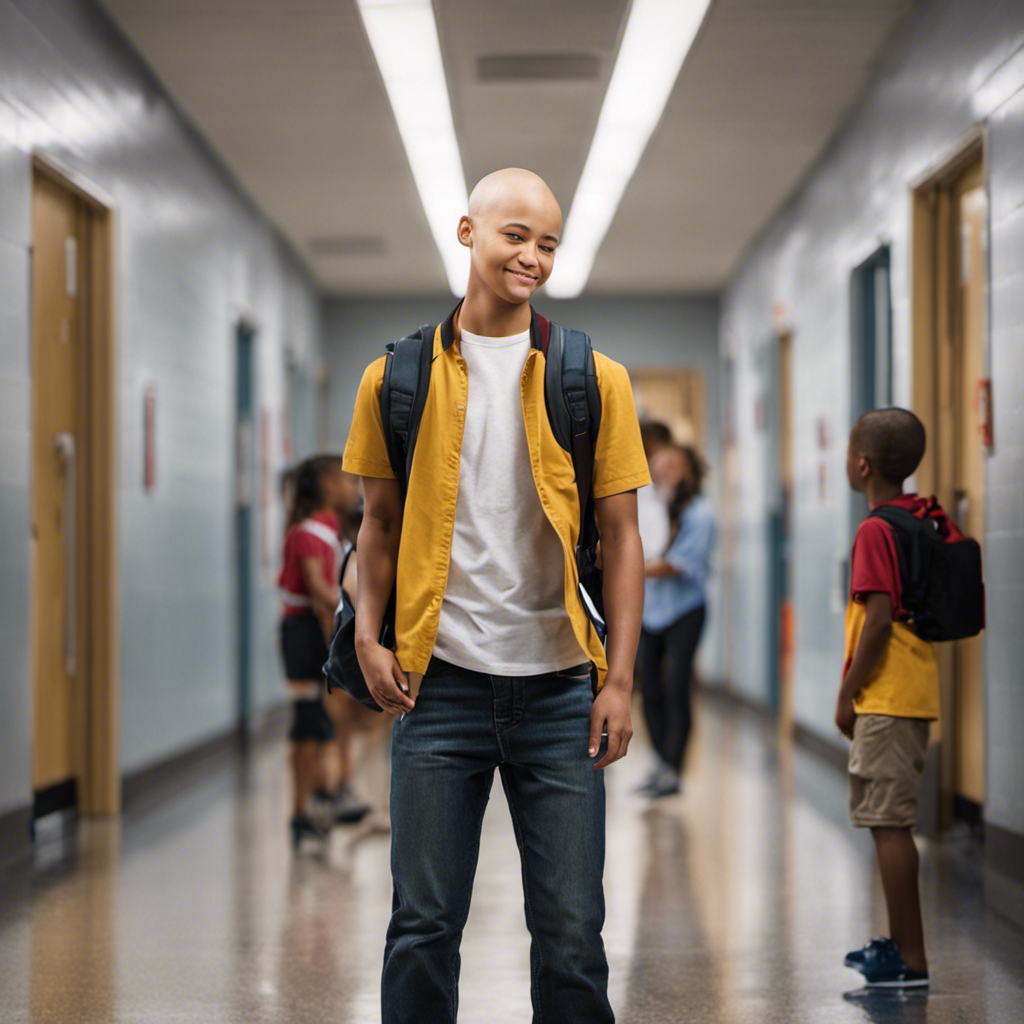 An image showcasing a student with a freshly shaved head walking through their school hallway