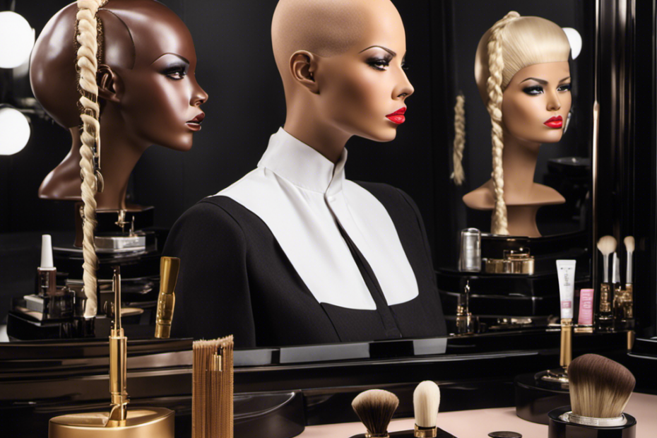 An image showcasing a bald head with a collection of meticulously styled wigs displayed on a sleek vanity table, reflecting the transformation and versatility of shaving your head and wearing wigs