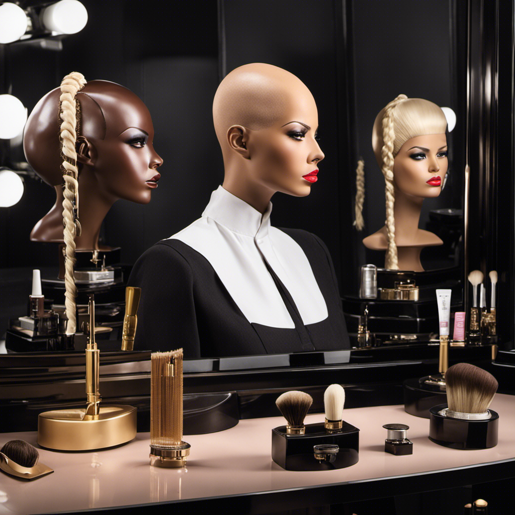 An image showcasing a bald head with a collection of meticulously styled wigs displayed on a sleek vanity table, reflecting the transformation and versatility of shaving your head and wearing wigs