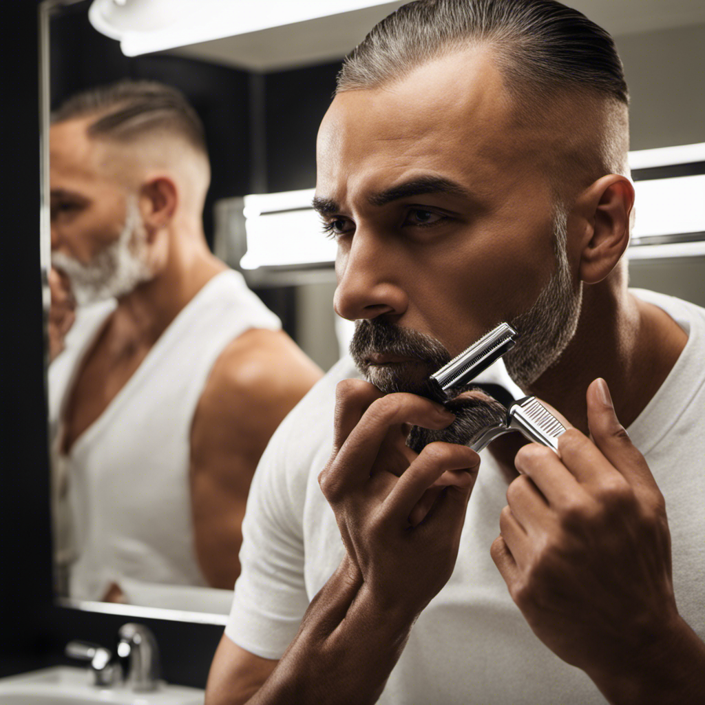 An image capturing a clean, well-lit bathroom scene with a man confidently shaving his head using a high-quality, ergonomic razor
