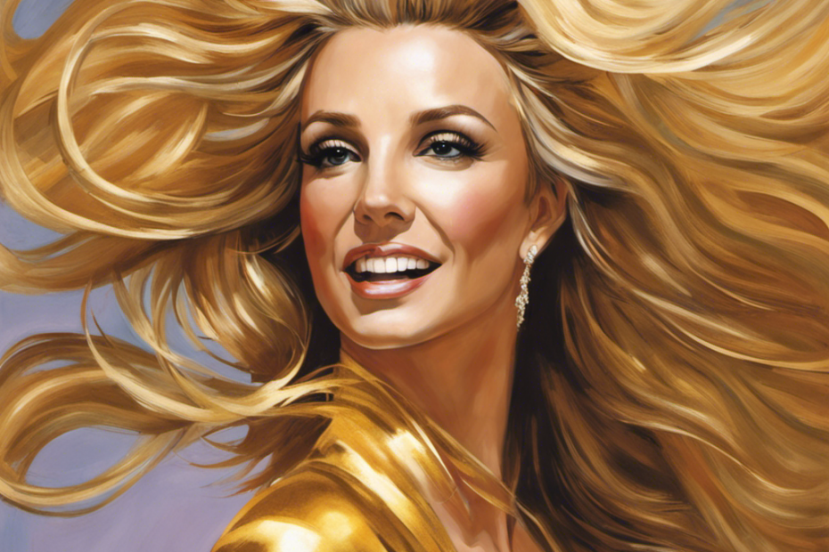 An image capturing a vibrant, long-haired Britney Spears gracefully adorned in a flowing, golden gown, radiating confidence and poise, defying societal expectations, in a world where she never shaved her head
