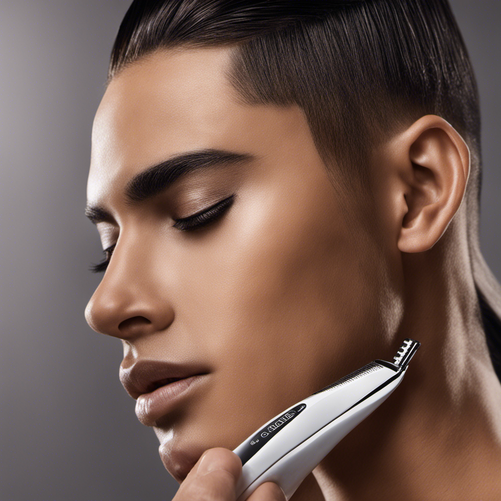 An image featuring a close-up view of a glistening razor gliding across a person's smooth scalp, capturing the precise moment when their hair is being effortlessly shaved off, revealing the bare skin beneath