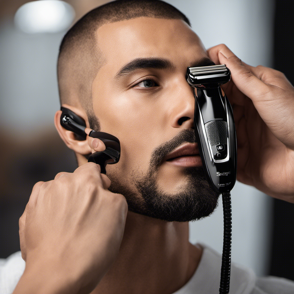 An image showcasing a sleek, modern electric shaver, gliding effortlessly over a perfectly shaved head