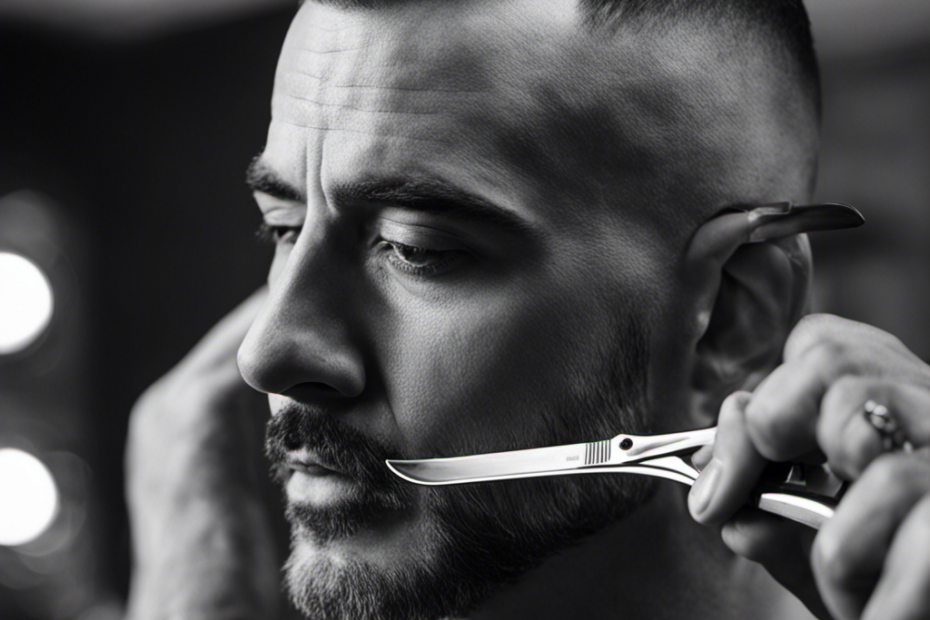 An image capturing a close-up view of a man's head, with a straight razor gliding smoothly over the scalp, expertly removing hair
