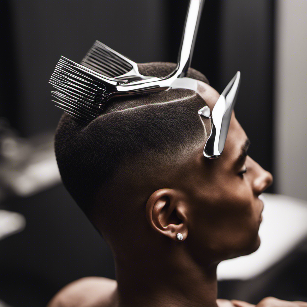 An image showcasing a close-up of a person gently gliding a sharp, stainless-steel razor across their perfectly smooth, dewy scalp