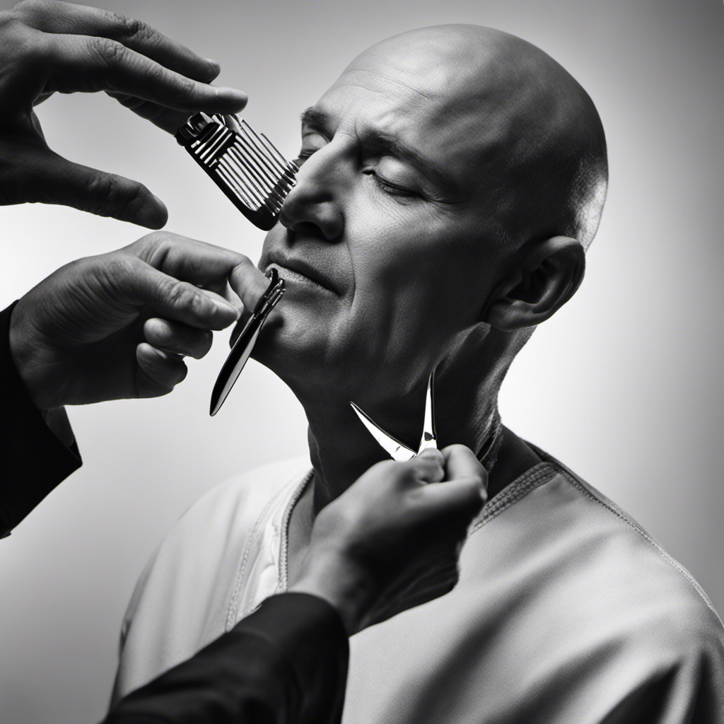 An image featuring a close-up view of gentle hands holding a razor, gliding smoothly across a bald head with care, capturing the essence of a comforting and precise head-shaving technique for chemotherapy
