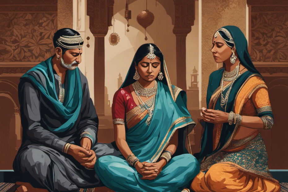 An image showcasing a somber Indian household, with mourning family members sitting cross-legged on the floor, gently shaving their heads as a sign of respect and grief after a loved one's passing