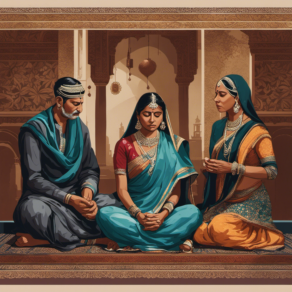 An image showcasing a somber Indian household, with mourning family members sitting cross-legged on the floor, gently shaving their heads as a sign of respect and grief after a loved one's passing