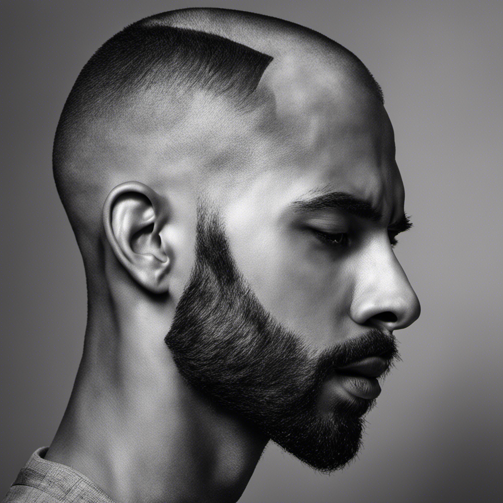 An image showcasing a man's profile, with a precise razor gliding effortlessly along his scalp from the forehead to the back of his head, capturing the exact length required to achieve a perfectly shaved bald look