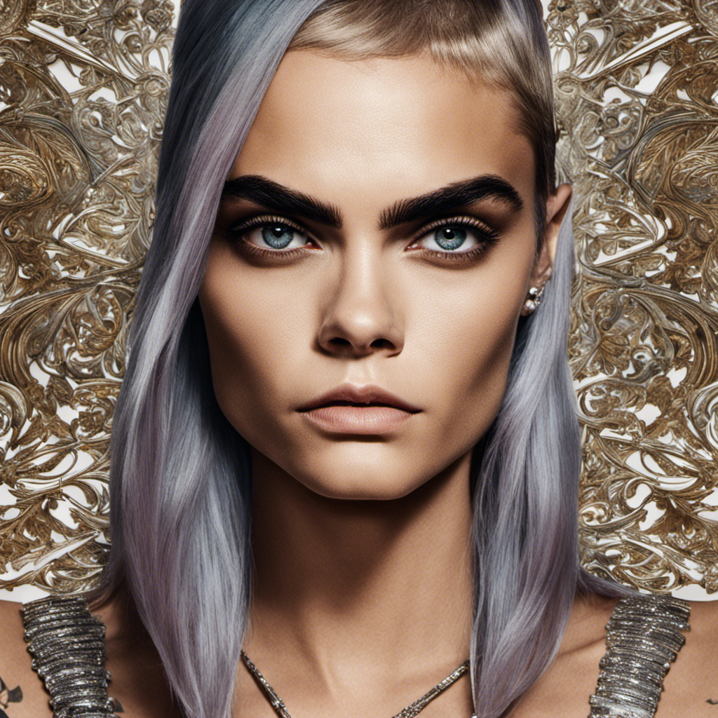An image capturing Cara Delevingne's transformation: a close-up shot of her radiant face, framed by freshly shaved and beautifully tattooed hair, emanating confidence and defiance, symbolizing her bold decision in a single captivating moment