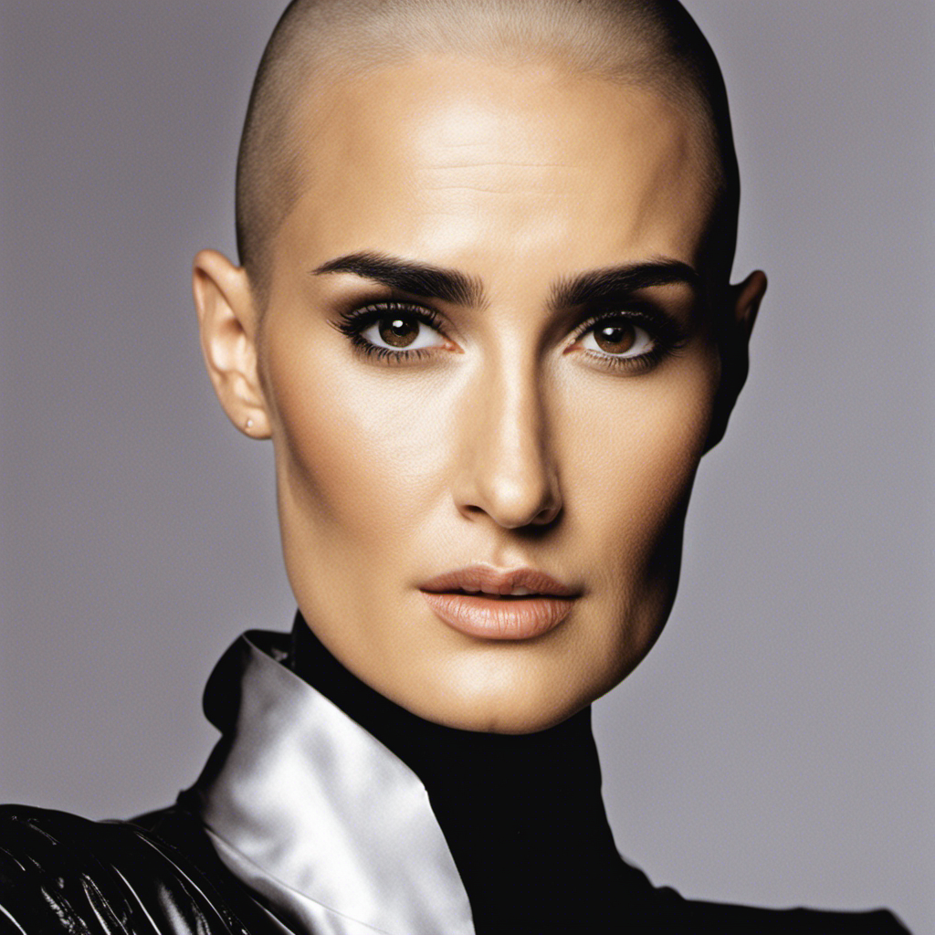 An image that showcases the mesmerizing transformation of Demi Moore as she courageously shaves her head for her iconic role in the 1997 drama film, capturing her raw vulnerability and fierce determination