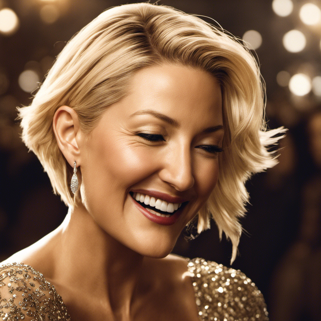 An image capturing the iconic moment when Kate Hudson courageously shaved her head, showcasing her radiant smile and glistening tears, while embodying the powerful character she portrayed in the movie
