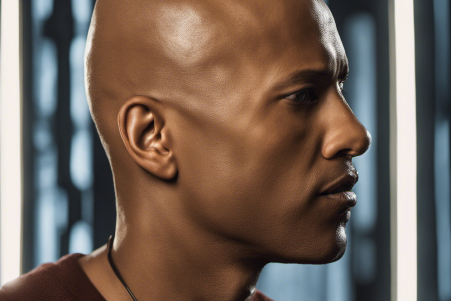 An image showcasing a close-up view of a gleaming, razor-sharp blade hovering above a person's determined face, capturing the intense reflection of light on their bald scalp, symbolizing the empowering decision to shave one's own head