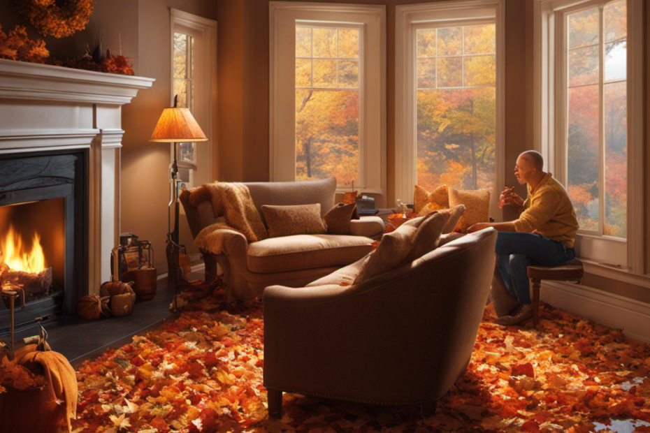 An image showing a cozy living room with autumn leaves scattered on the floor, a fireplace crackling in the background, and Jim sitting on the couch, freshly shaved head reflecting the warm glow