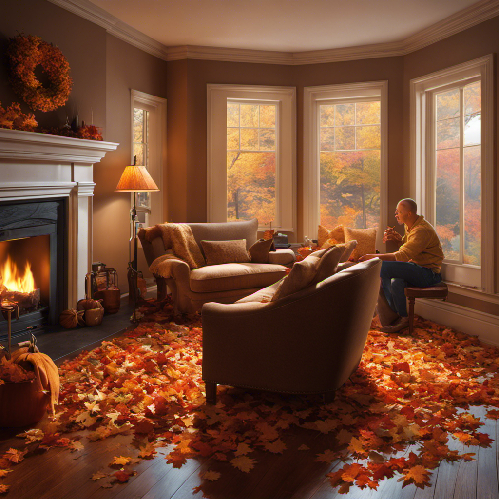 An image showing a cozy living room with autumn leaves scattered on the floor, a fireplace crackling in the background, and Jim sitting on the couch, freshly shaved head reflecting the warm glow