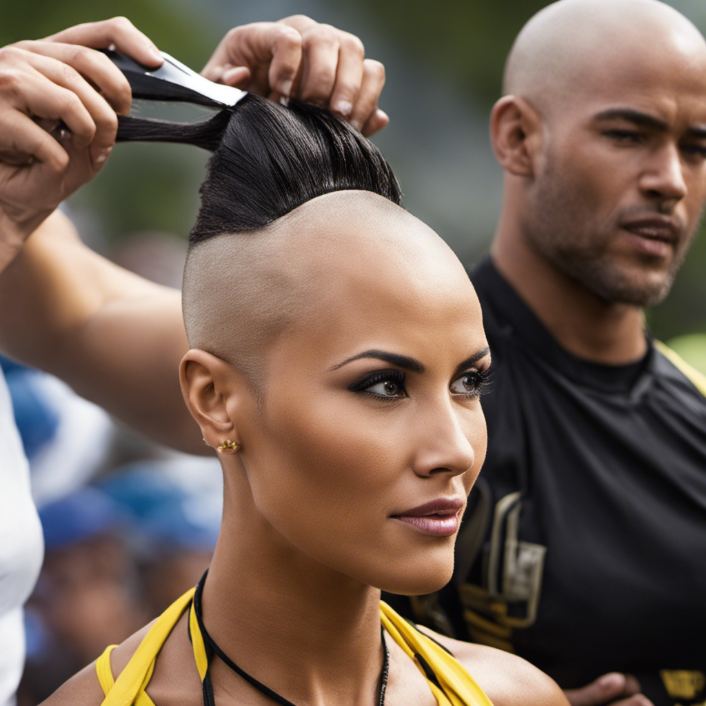 An image showcasing a female contestant from The Amazing Race, boldly shaving her head