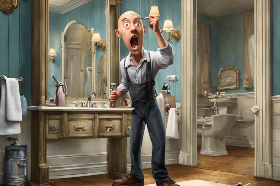 An image depicting a person standing in front of a bathroom mirror, wide-eyed in surprise, with a razor in hand and a completely bald head