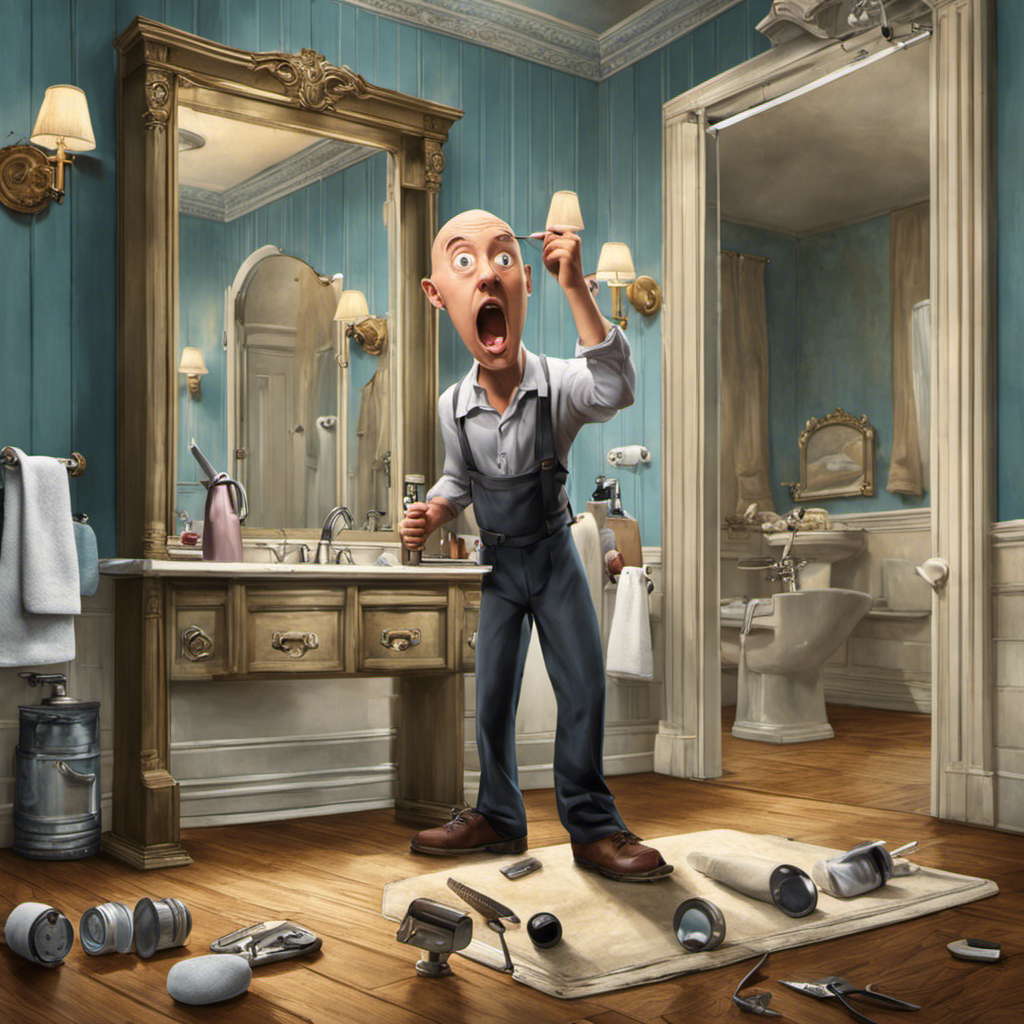 An image depicting a person standing in front of a bathroom mirror, wide-eyed in surprise, with a razor in hand and a completely bald head
