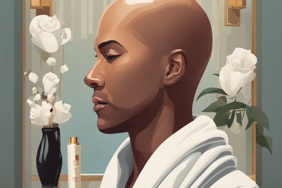 Create an image showcasing a bald silhouette, surrounded by a sleek, razor, a soothing shaving cream, and a soft towel