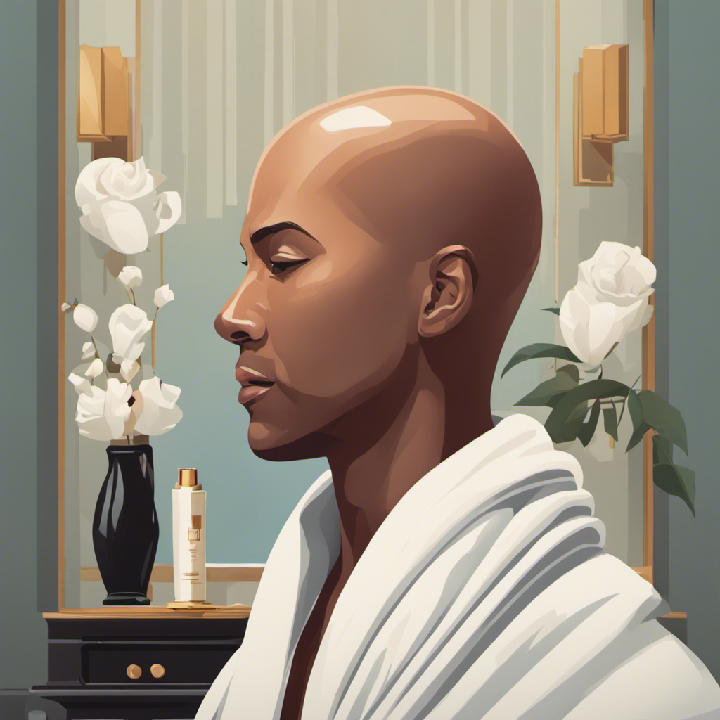 Create an image showcasing a bald silhouette, surrounded by a sleek, razor, a soothing shaving cream, and a soft towel