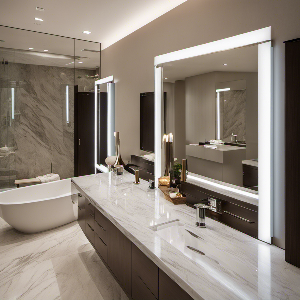 An image that showcases a clean, well-lit bathroom with a sleek, modern razor placed on a marble countertop