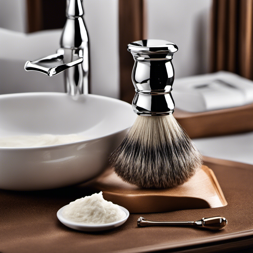 An image showcasing a gleaming, stainless-steel safety razor, surrounded by a soft, fluffy shaving brush, a luxurious lather of creamy shaving cream, and a sleek, practical shaving bowl