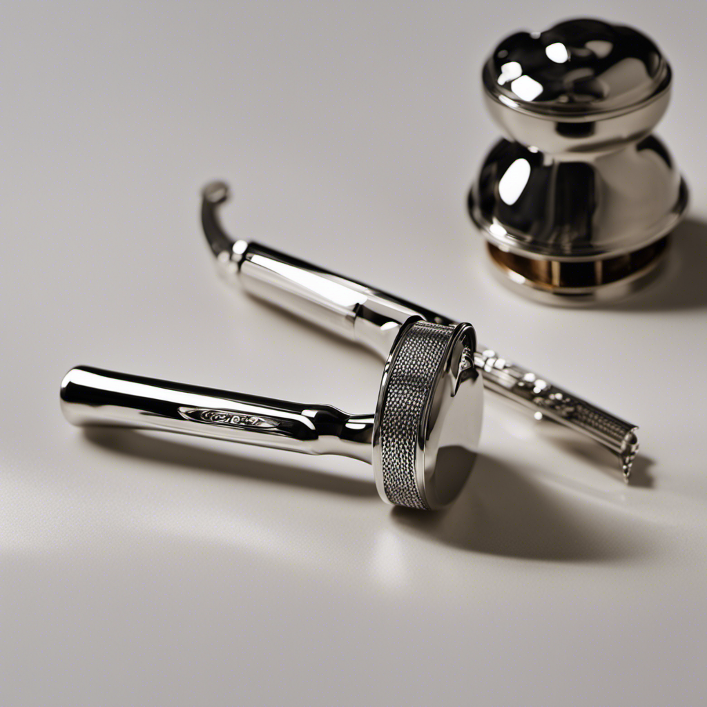 An image showcasing a close-up view of a shiny, chrome, double-edged safety razor gliding effortlessly across a perfectly shaved head, leaving behind a trail of smooth, glistening skin