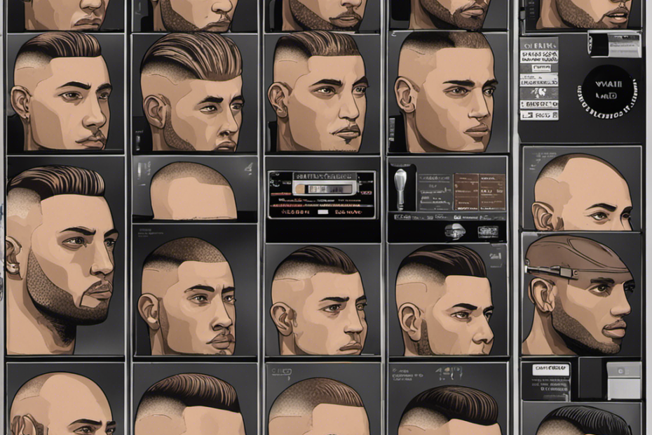 An image depicting a close-up of a Wahl clipper with various numbered settings, showcasing a person's shaved head at each setting