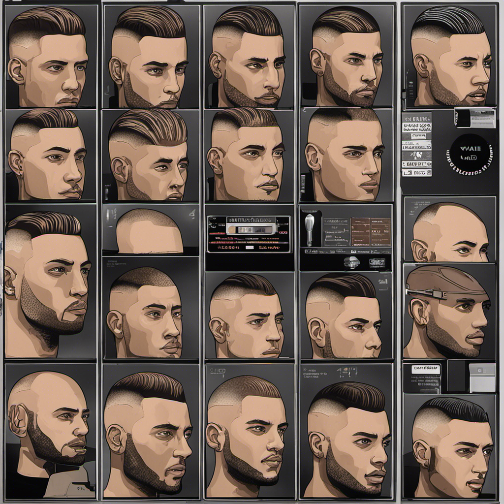 An image depicting a close-up of a Wahl clipper with various numbered settings, showcasing a person's shaved head at each setting