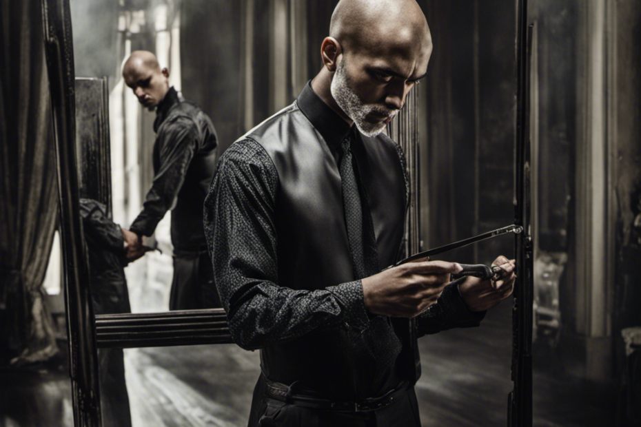 An image showcasing a person standing in front of a mirror, holding a razor, with apprehension in their eyes