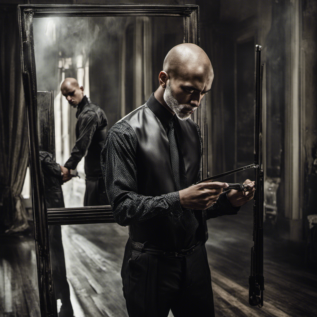 An image showcasing a person standing in front of a mirror, holding a razor, with apprehension in their eyes