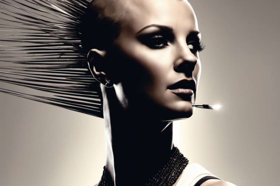 An image capturing the iconic moment when Britney Spears shaved her head, depicting her silhouette seated in a dimly lit room, delicate strands of hair falling around her, as she holds an electric razor to her head