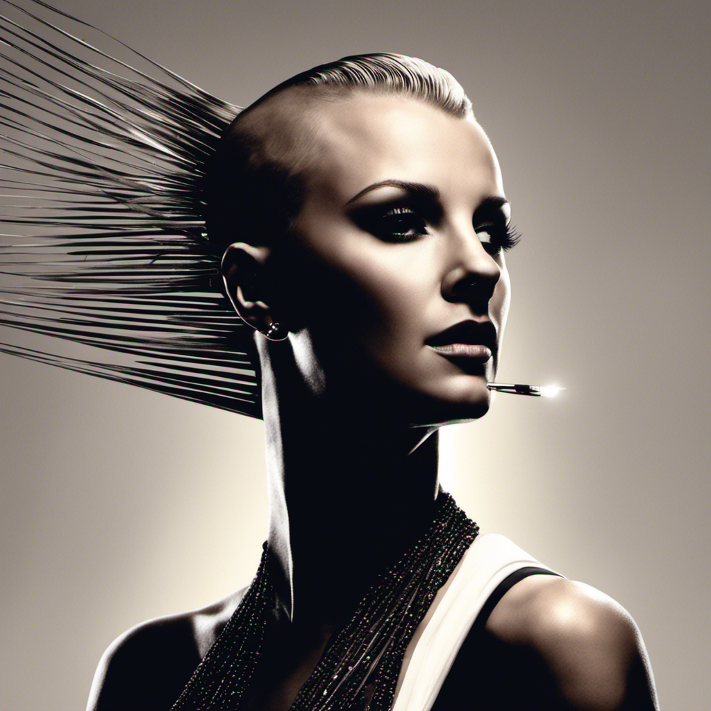An image capturing the iconic moment when Britney Spears shaved her head, depicting her silhouette seated in a dimly lit room, delicate strands of hair falling around her, as she holds an electric razor to her head