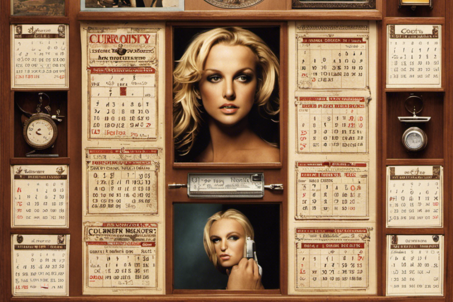 An image capturing the essence of curiosity: a vintage calendar flipped open to February 2007, the month Britney Spears famously shaved her head, surrounded by scattered hair clippers and a mirror reflecting uncertainty