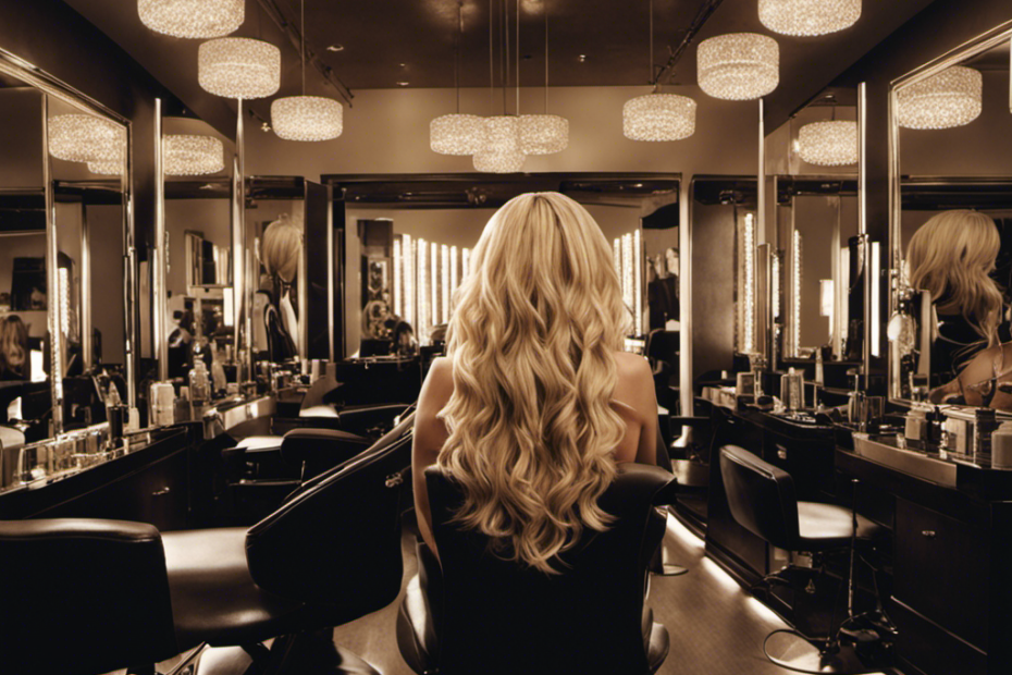 An image showcasing a close-up shot of Brittany Spears from behind, capturing her exposed scalp, as she sits in a hair salon chair, surrounded by scattered locks of her shaved hair