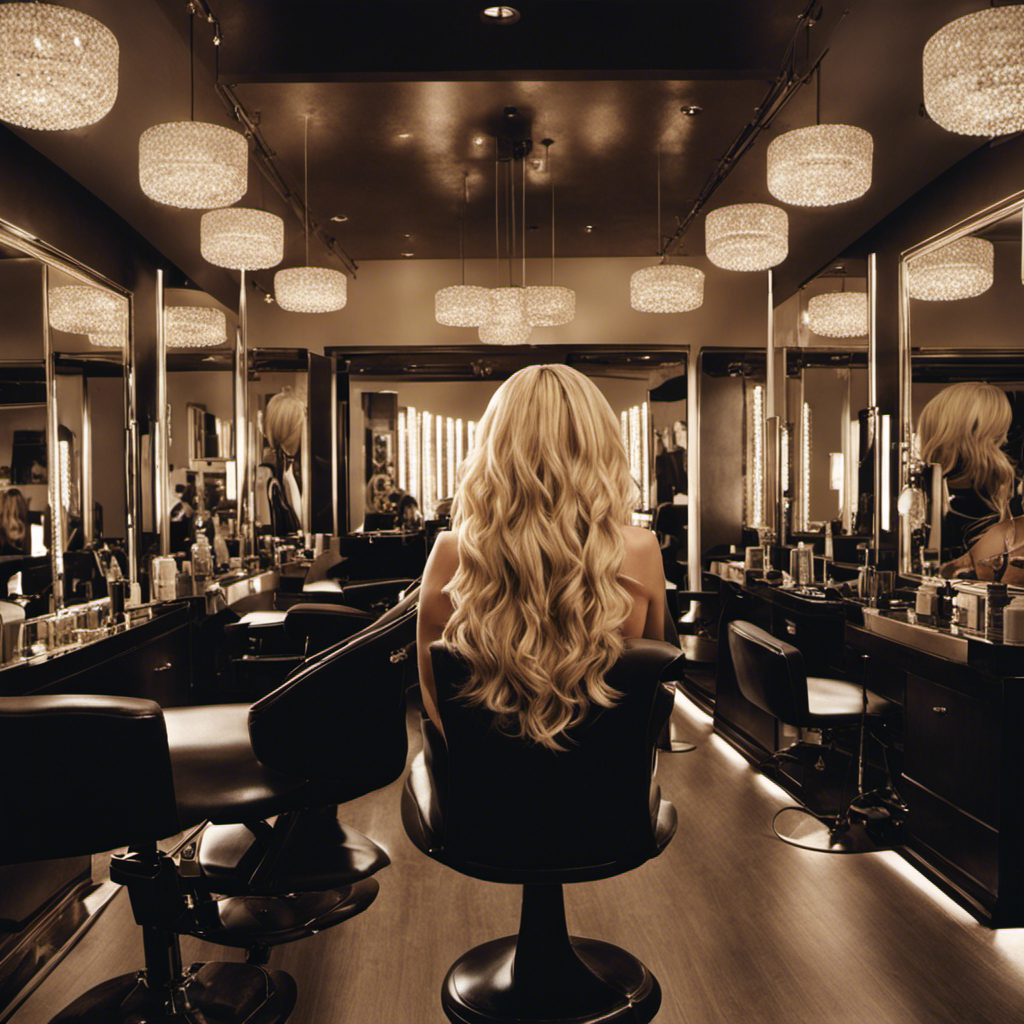 An image showcasing a close-up shot of Brittany Spears from behind, capturing her exposed scalp, as she sits in a hair salon chair, surrounded by scattered locks of her shaved hair
