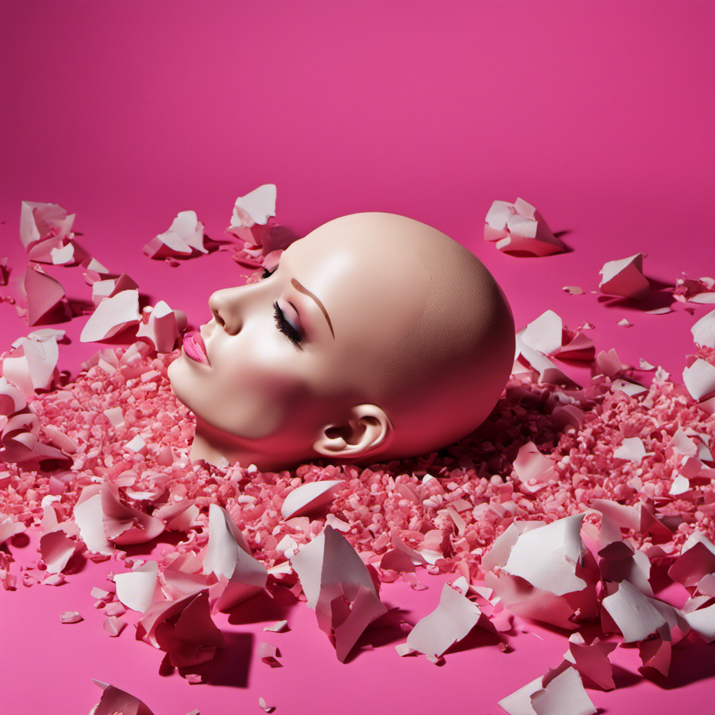 An image focusing on a close-up shot of a bald mannequin head, surrounded by scattered fragments of blonde hair on the floor