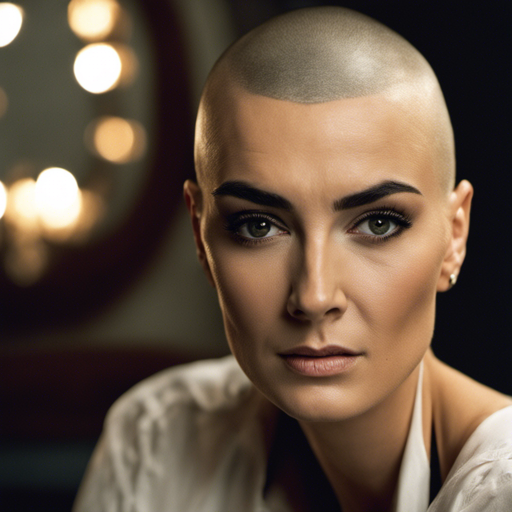 An image featuring a close-up of a woman's face with an expressive gaze, her hair in the process of being shaved off, capturing the raw emotions and vulnerability that Sinead O'Connor displayed when she famously shaved her head