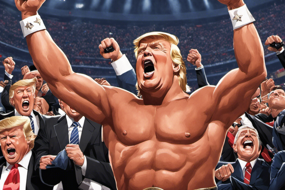 Depict a powerful image capturing the electrifying moment when Donald Trump triumphantly shaves Vince McMahon's head at WrestleMania