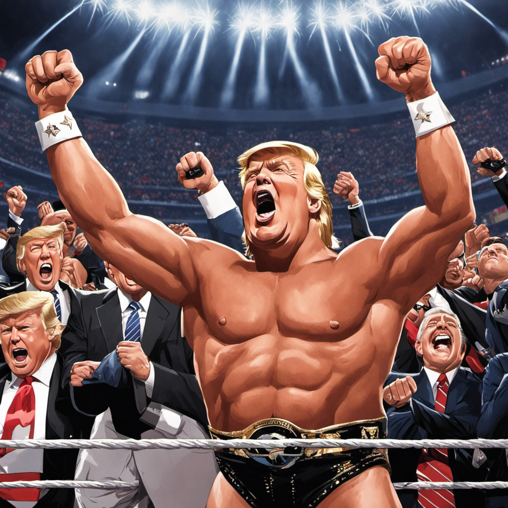 Depict a powerful image capturing the electrifying moment when Donald Trump triumphantly shaves Vince McMahon's head at WrestleMania