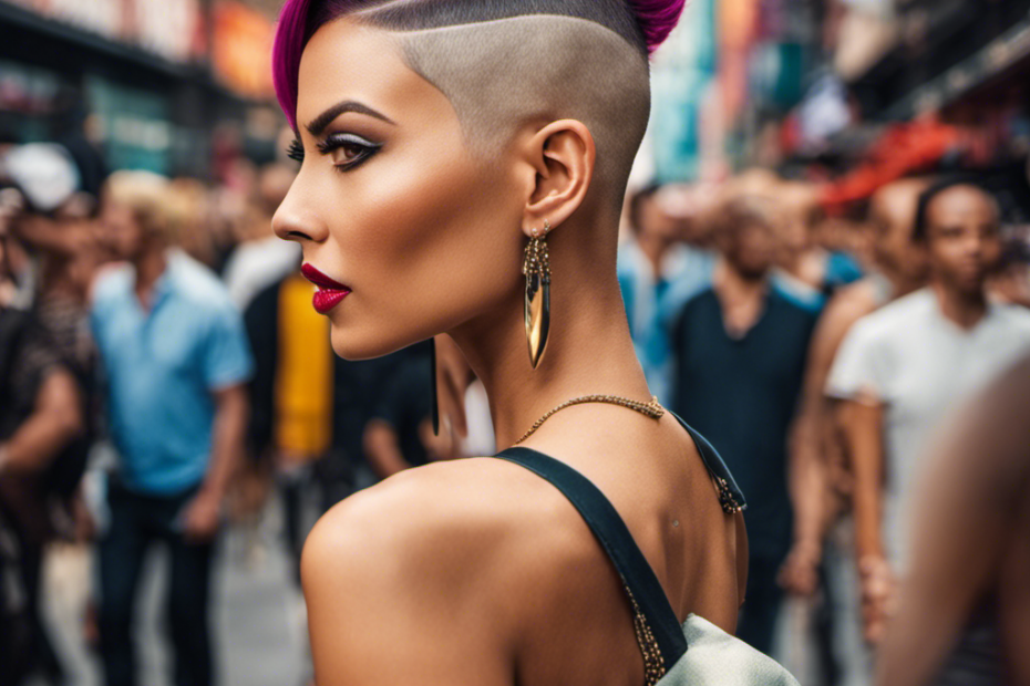 An image showcasing a fashionable woman with a vibrant half-shaved head hairstyle, confidently strutting down a bustling urban street, surrounded by onlookers sporting awe-inspired expressions and trendy attire